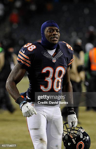 Zack Bowman of the Chicago Bears leaves the field after the game against the Dallas Cowboys on December 9, 2013 at Soldier Field in Chicago, Illinois.