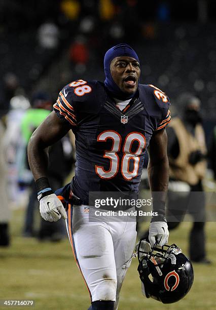 Zack Bowman of the Chicago Bears leaves the field after the game against the Dallas Cowboys on December 9, 2013 at Soldier Field in Chicago, Illinois.