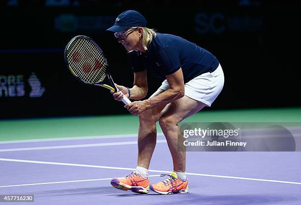 Martina Navratilova with Tracy Austin of USA in their legends match against Marion Bartoli of France and Iva Majoli of Croatia during day four of the...