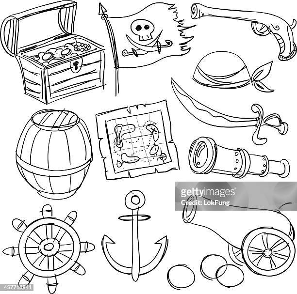 pirate set in black and white - silver hat stock illustrations