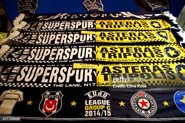Scarves are displayed for sale at a stall outside the stadium before the UEFA Europa League group C match between Tottenham Hotspur FC and Asteras...