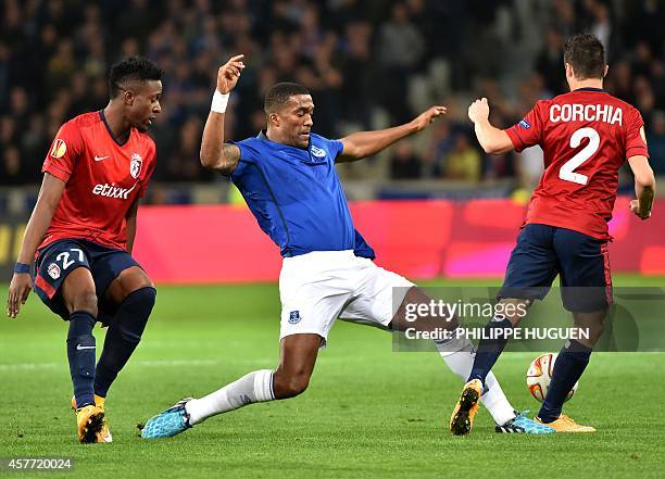 Everton's French defender Sylvain Distin vies for the ball with Lille's French defender Sebastien Corchia during the UEFA Europa League Group H...