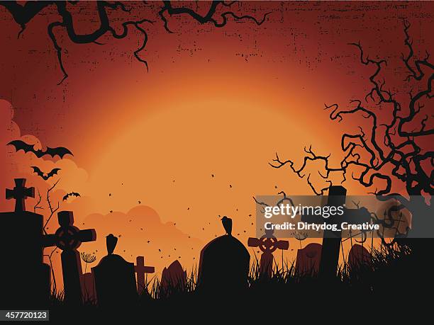 bildbanksillustrationer, clip art samt tecknat material och ikoner med spooky orange and black silhouette graveyard background - spöke