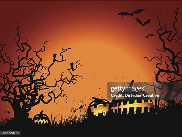 halloween gnarled tree & pumpkins - angry moon stock illustrations