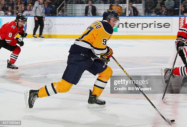 Connor McDavid of the Erie Otters skates in an OHL hockey game against the Niagara IceDogs at the First Niagara Center on October 22, 2014 in...