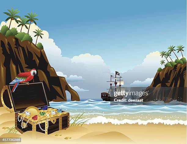 tropical island treasure - treasure chest on beach stock illustrations