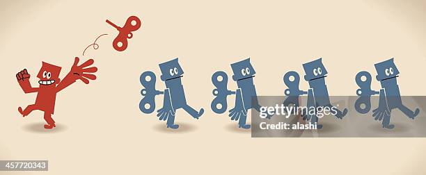 unique manager and group of robot businessman (businessmen) - wind up toy stock illustrations