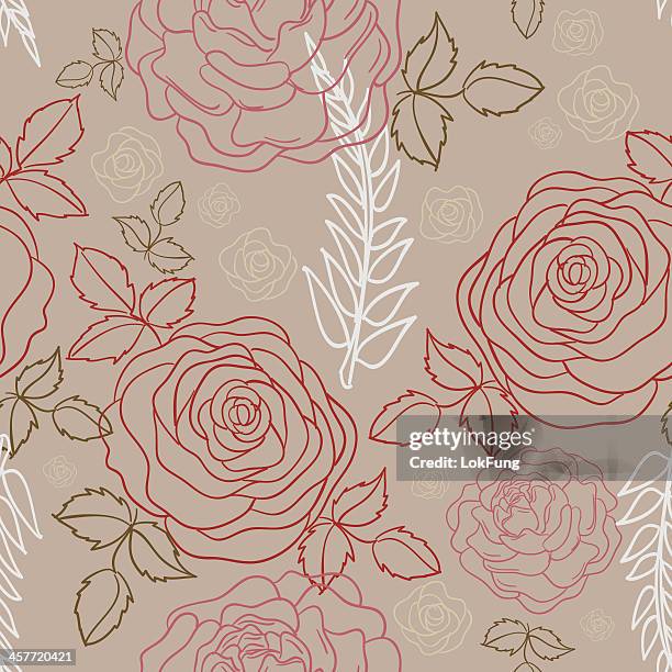 seamless wallpaper background of outlined roses in tan tones - rose line stock illustrations