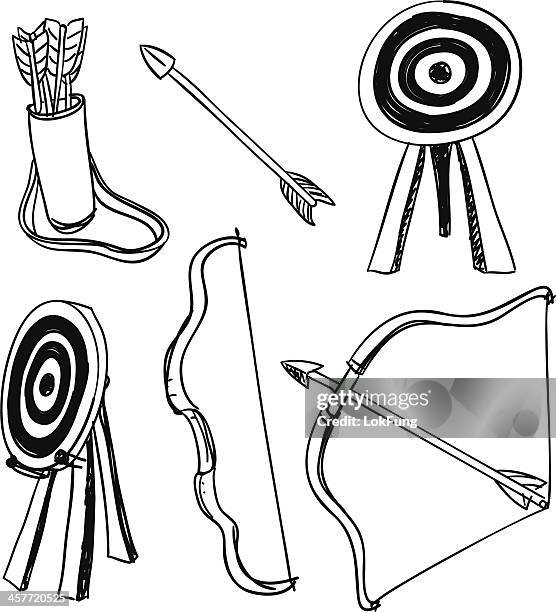 ilustraciones, imágenes clip art, dibujos animados e iconos de stock de tiro con arco iconos en blanco y negro - arrow bow and arrow