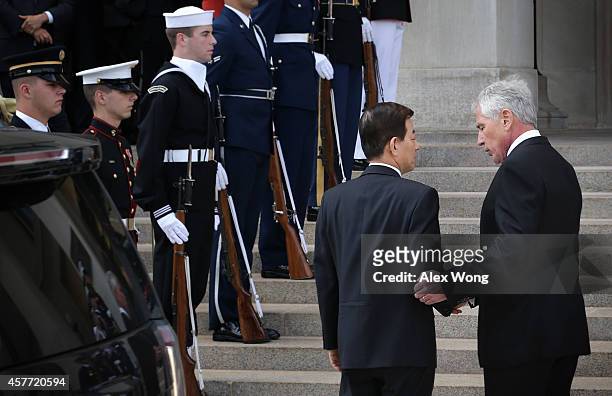 Secretary of Defense Chuck Hagel welcomes National Defense Minister of Korea Han Min Koo during a honor cordon at the Pentagon October 23, 2014 in...