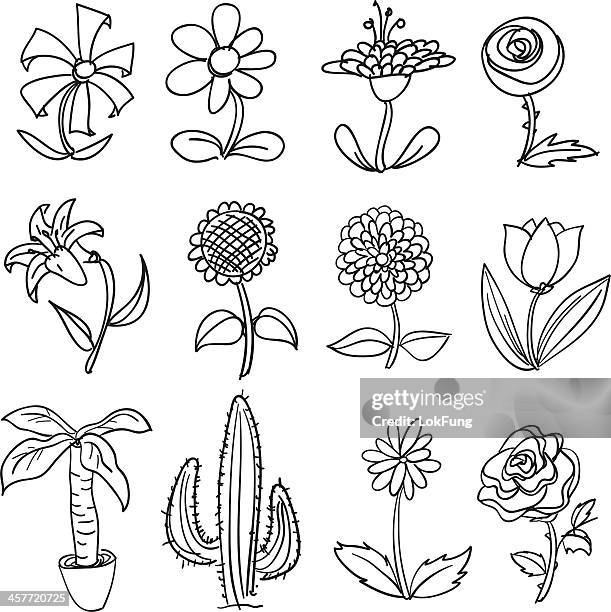 ilustraciones, imágenes clip art, dibujos animados e iconos de stock de colección de flores en blanco y negro - carnation flower
