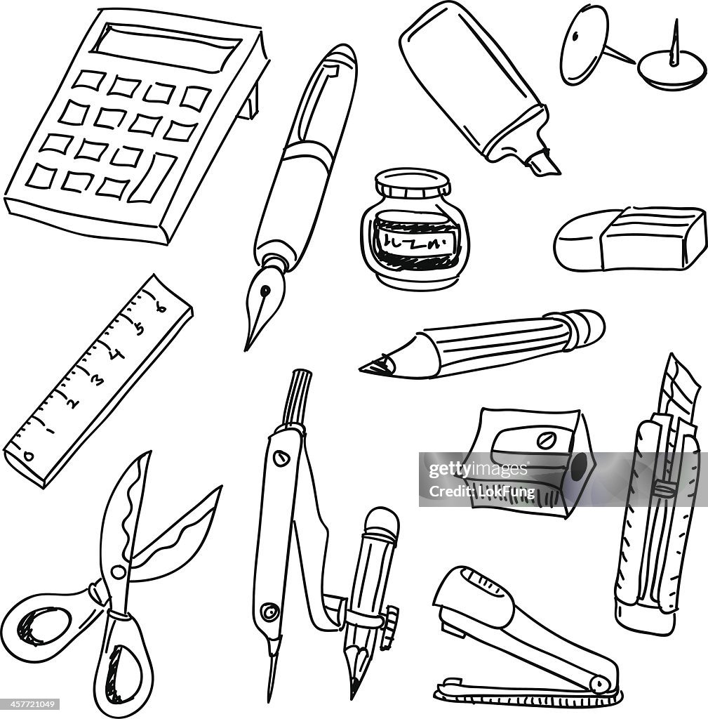 Coleção de artigos de papelaria a preto e branco