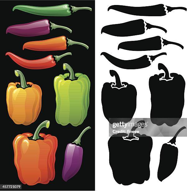 bell peppers und chili-icon-set - hungarian cherry pepper stock-grafiken, -clipart, -cartoons und -symbole