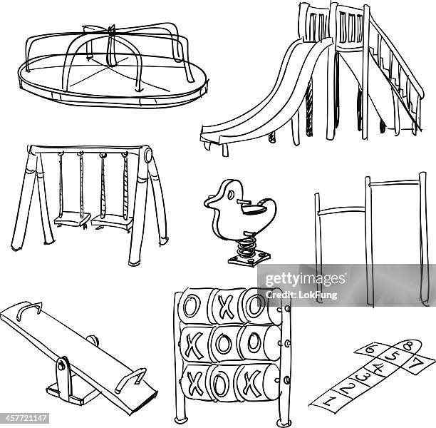 ilustraciones, imágenes clip art, dibujos animados e iconos de stock de patio de juegos colección en blanco y negro - brincar