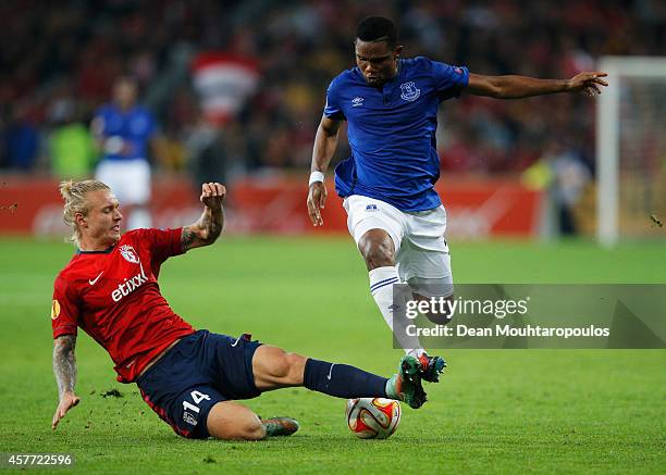 Samuel Eto'o of Everton is tackled by Simon Kjaer of Lille during the UEFA Europa League Group H match between LOSC Lille and Everton at Grand Stade...