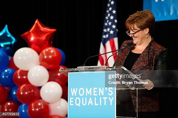 Former Speaker of the New York City Council Christine Quinn announces the agenda during a "Women for Cuomo" campaign event on October 23, 2014 at the...