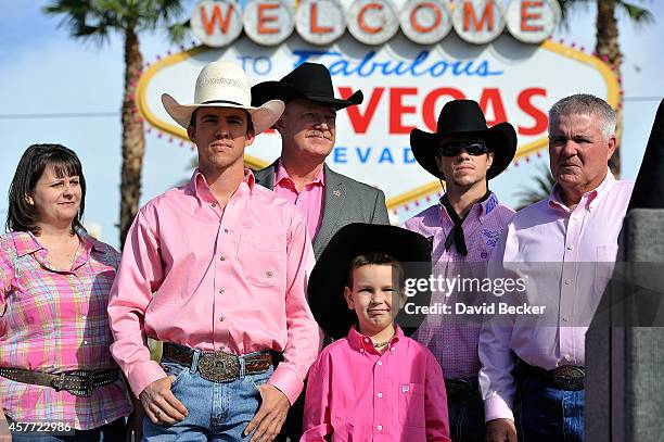 Gina Kidd, bull rider Jason Malone, Professional Bull Riders Chairman and CEO Jim Haworth, Jaxson Kidd, bull rider Cody Nance and Patrick Kidd,...