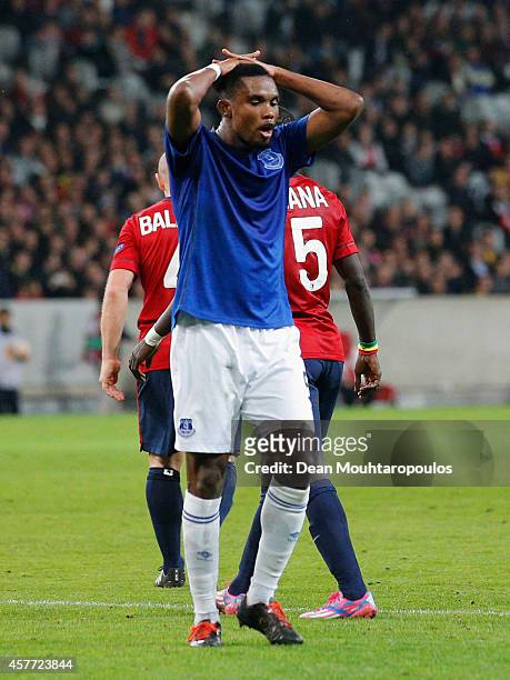 Samuel Eto'o of Everton reacts during the UEFA Europa League Group H match between LOSC Lille and Everton at Grand Stade Lille Metropole on October...