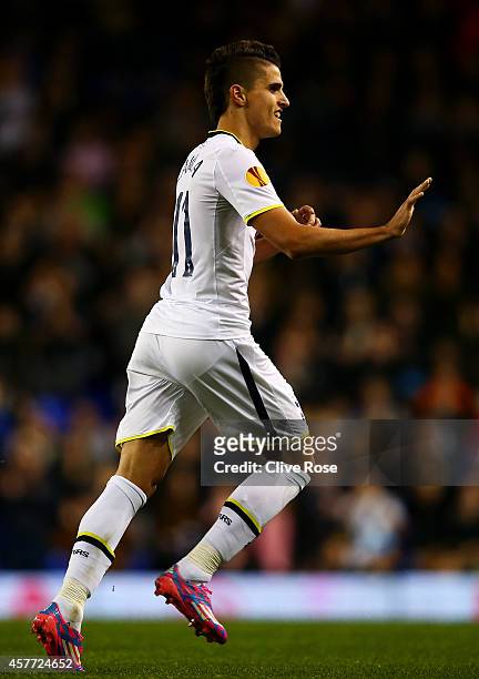 Erik Lamela of Spurs celebrates scoring his team's second goal during the UEFA Europa League group C match between Tottenham Hotspur FC and Asteras...
