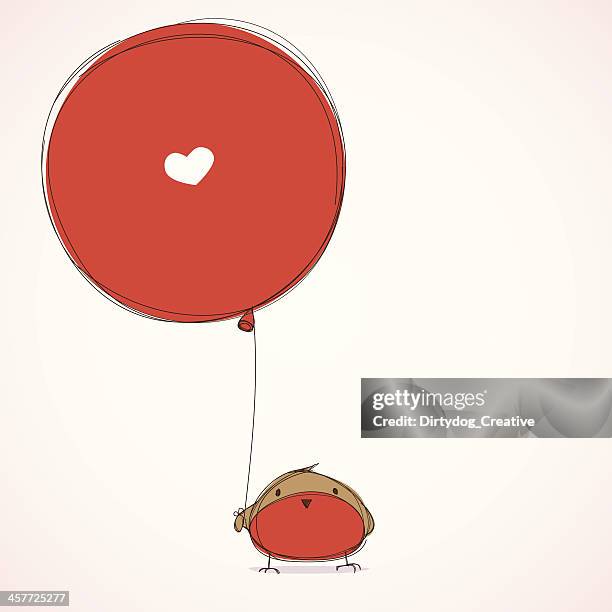 cute robin with heart balloon - red balloon stock illustrations