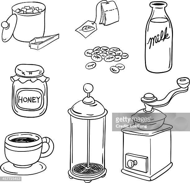 illustrazioni stock, clip art, cartoni animati e icone di tendenza di apparecchiature per tè e caffè in bianco e nero - milk bottle