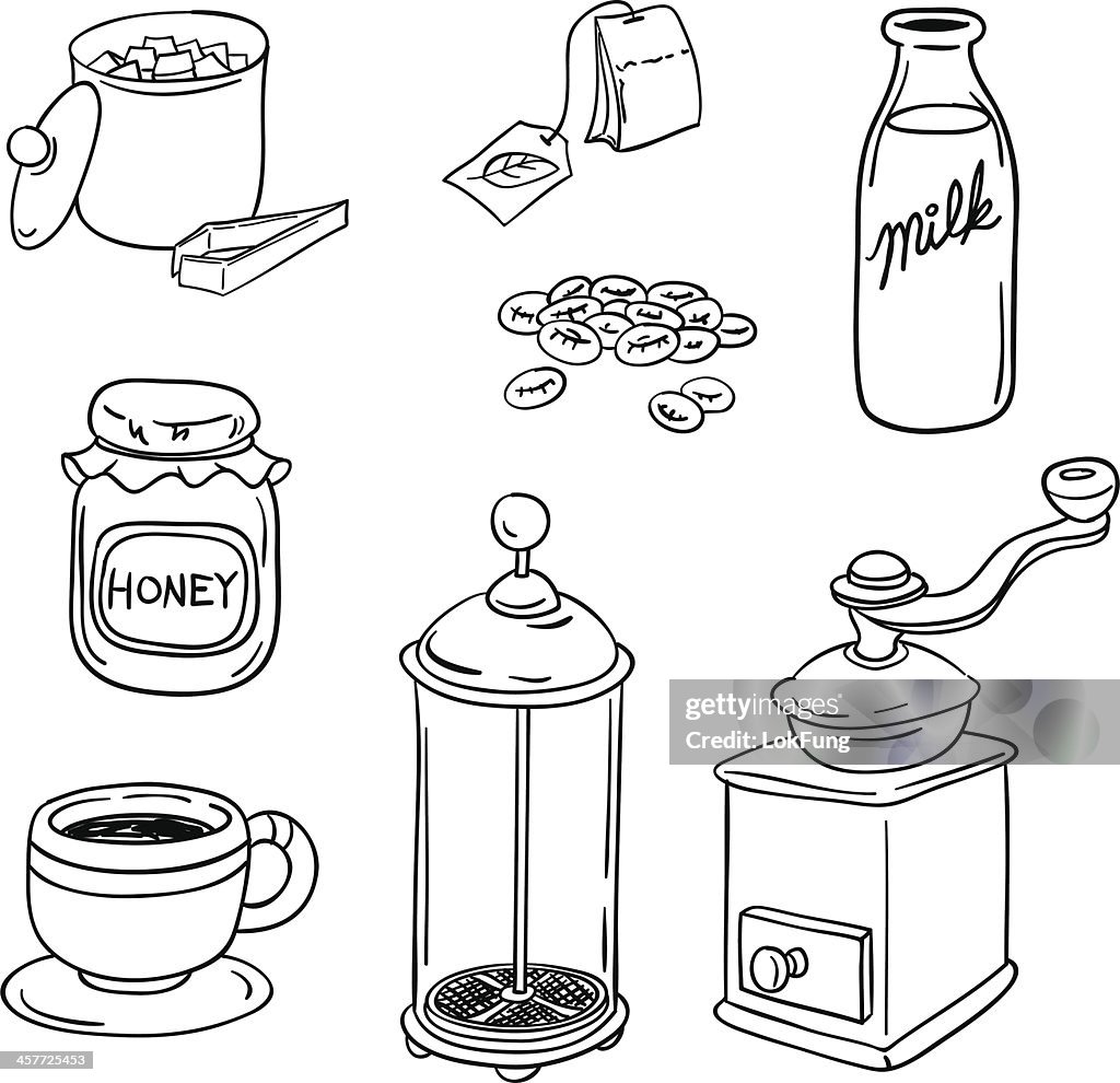 Equipamentos para chá e café em preto e branco