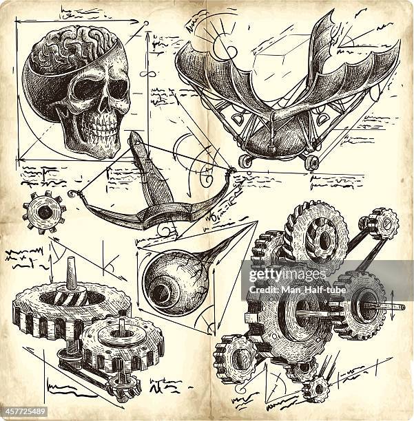 antique engineering drawings - physics stock illustrations