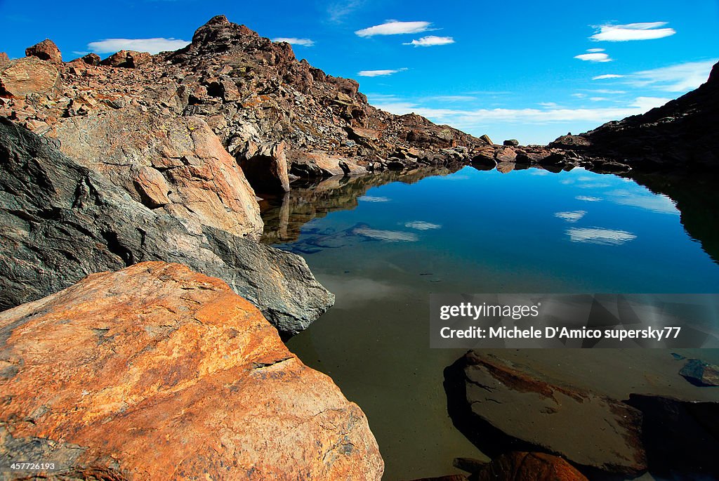 Alpine lake surrounded by red rocks