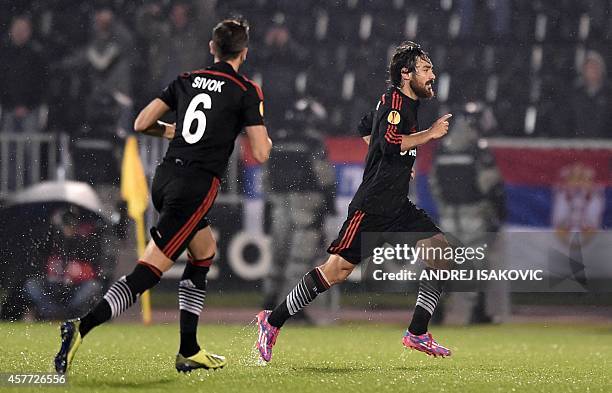 Besiktas' Austrian midfielder from Veli Kavlak celebrates after scoring a goal during the UEFA Europa League Group C match FK Partizan vs Besiktas JK...