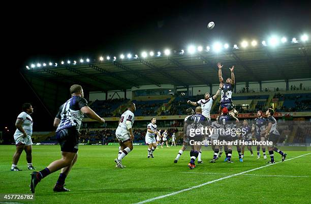 Matt Corker of Welsh wins a lineout during the European Rugby Challenge Cup match between London Welsh and Bordeaux Begles at the Kassam Stadium on...