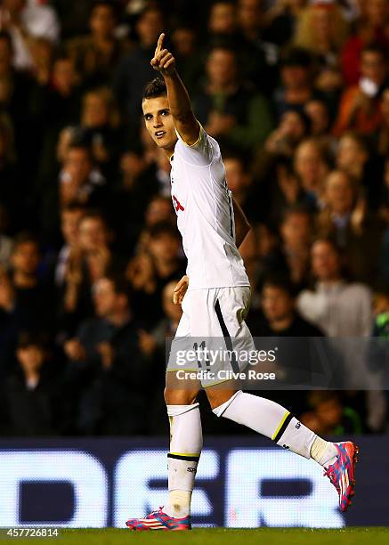 Erik Lamela of Spurs celebrates after scoring his team's third goal during the UEFA Europa League group C match between Tottenham Hotspur FC and...