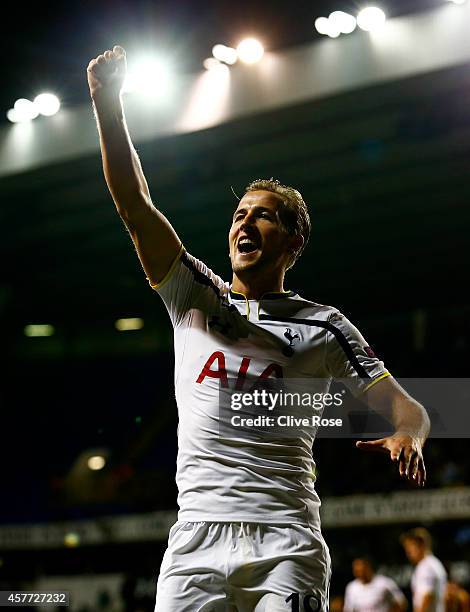 Harry Kane of Spurs celebrates scoring his team's fourth goal during the UEFA Europa League group C match between Tottenham Hotspur FC and Asteras...