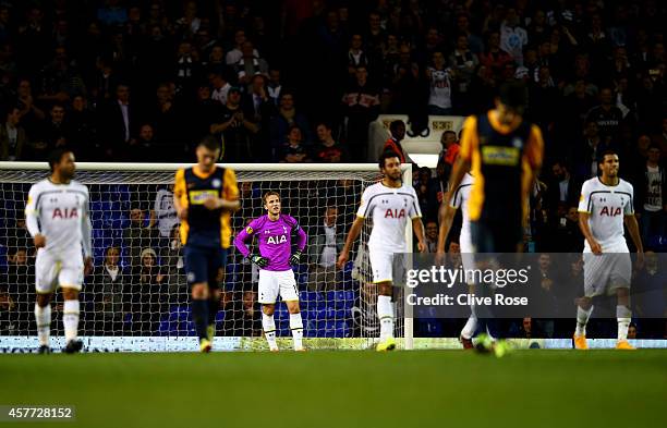 Harry Kane of Spurs reacts after conceding a goal during the UEFA Europa League group C match between Tottenham Hotspur FC and Asteras Tripolis FC at...