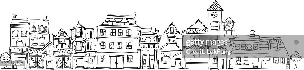 Small town illustraion in black and white