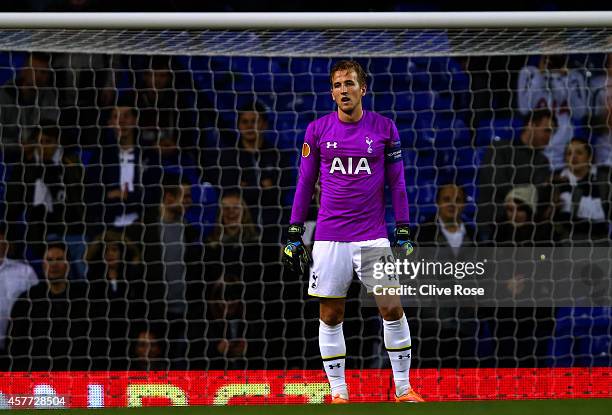 Harry Kane of Spurs looks on as he stands in goal following the sending off of his team-mate Hugo Lloris during the UEFA Europa League group C match...