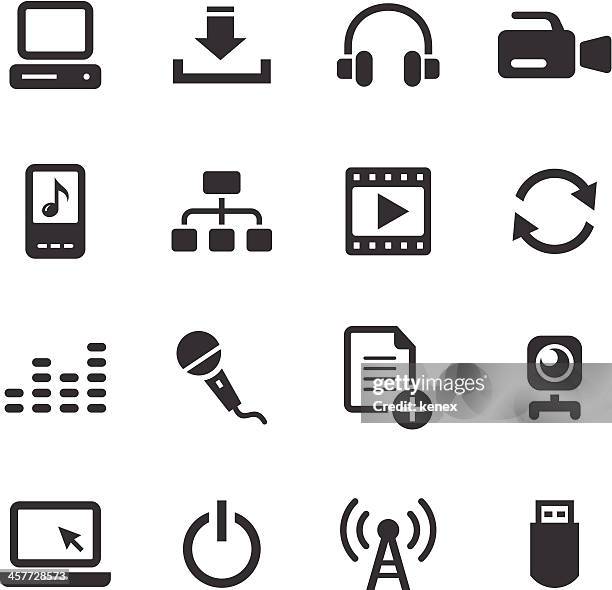 sixteen black icons related to media - video voip stock illustrations