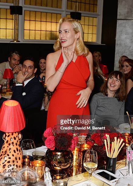 Charlotte Olympia Dellal speaks at the Charlotte Olympia 'Handbags for the Leading Lady' launch dinner at Toto's Restaurant on October 23, 2014 in...