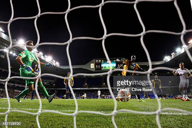 Harry Kane of Spurs scores his team's fifth and his third goal during the UEFA Europa League group C match between Tottenham Hotspur FC and Asteras...