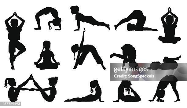 ilustraciones, imágenes clip art, dibujos animados e iconos de stock de niños haciendo yoga - yoga