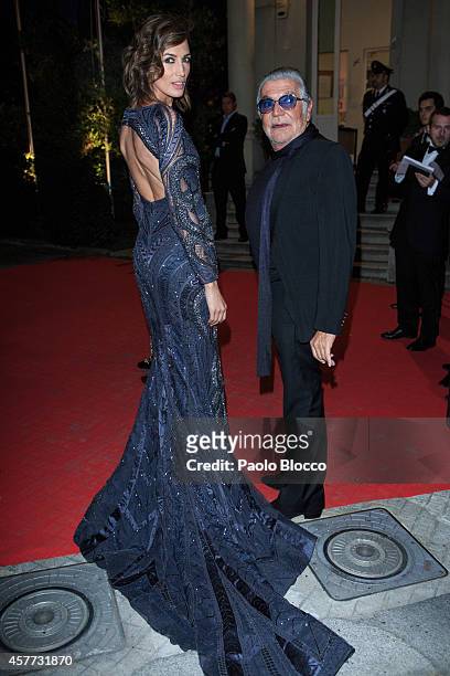 Designer Roberto Cavalli and model Nieves Alvarez are seen arriving to 'Elle Style Awards 2014' at Italian embassy on October 23, 2014 in Madrid,...