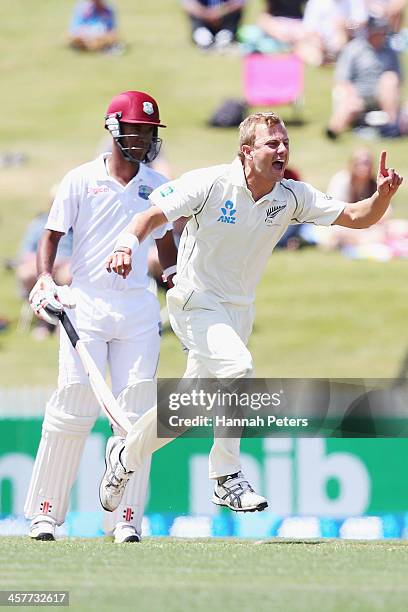 Neil Wagner of New Zealand celebrates the wicket of Kieran Powell of the West Indies during day one of the Third Test match between New Zealand and...