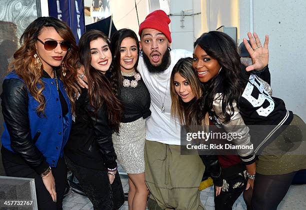 Dinah Jane Hansen, Lauren Jauregui, Camila Cabello, Travie McCoy, Ally Brooke and Normani Kordei pose backstage at 93.3 FLZs Jingle Ball Pre-Show...
