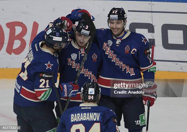 Players of SKA St. Petersburg celebrate after scoring during the Kontinental Ice Hockey League match between SKA St. Petersburg and Salavat Yulaev...