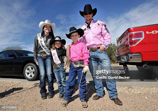 Jaxson Kidd poses with 2014 Miss Nevada High School Rodeo Jenni Mann, 2014 Little Britches Princess Josie Linberg and bull rider Cody Nance as Kidd's...