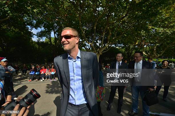 Dutch artist Florentijn Hofman, "Father of Rubber Duck" receives an interview at Century Park on October 23, 2014 in Shanghai, China. "Rubber Duck",...