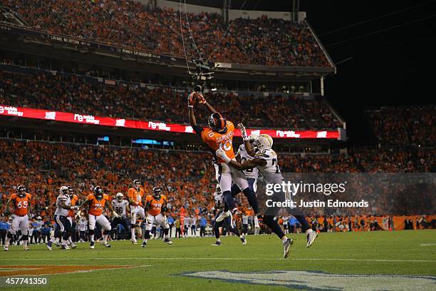 Wide receiver Emmanuel Sanders of the Denver Broncos has his third touchdown catch of the game over cornerback Shareece Wright of the San Diego...