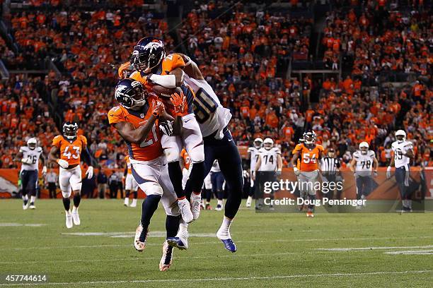 Free safety Rahim Moore of the Denver Broncos has a fourth quarter interception on a pass intended for wide receiver Malcom Floyd of the San Diego...