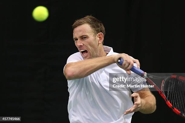 Michael Venus of New Zealand in action in his match against Chieh-Fu Wang of Chinese Taipaei during day one of the Davis Cup tie between New Zealand...