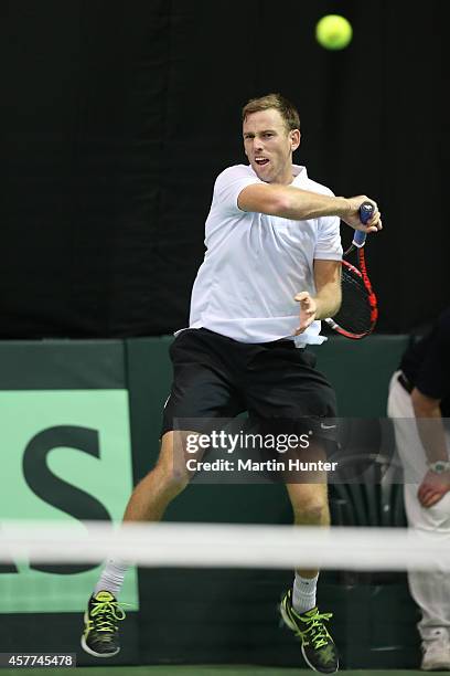 Michael Venus of New Zealand in action in his match against Chieh-Fu Wang of Chinese Taipaei during day one of the Davis Cup tie between New Zealand...