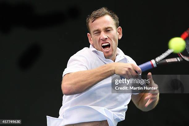 Michael Venus of New Zealand in action in his match against Chieh-Fu Wang of Chinese Taipaei during day one of the Davis Cup tie between New Zealand...